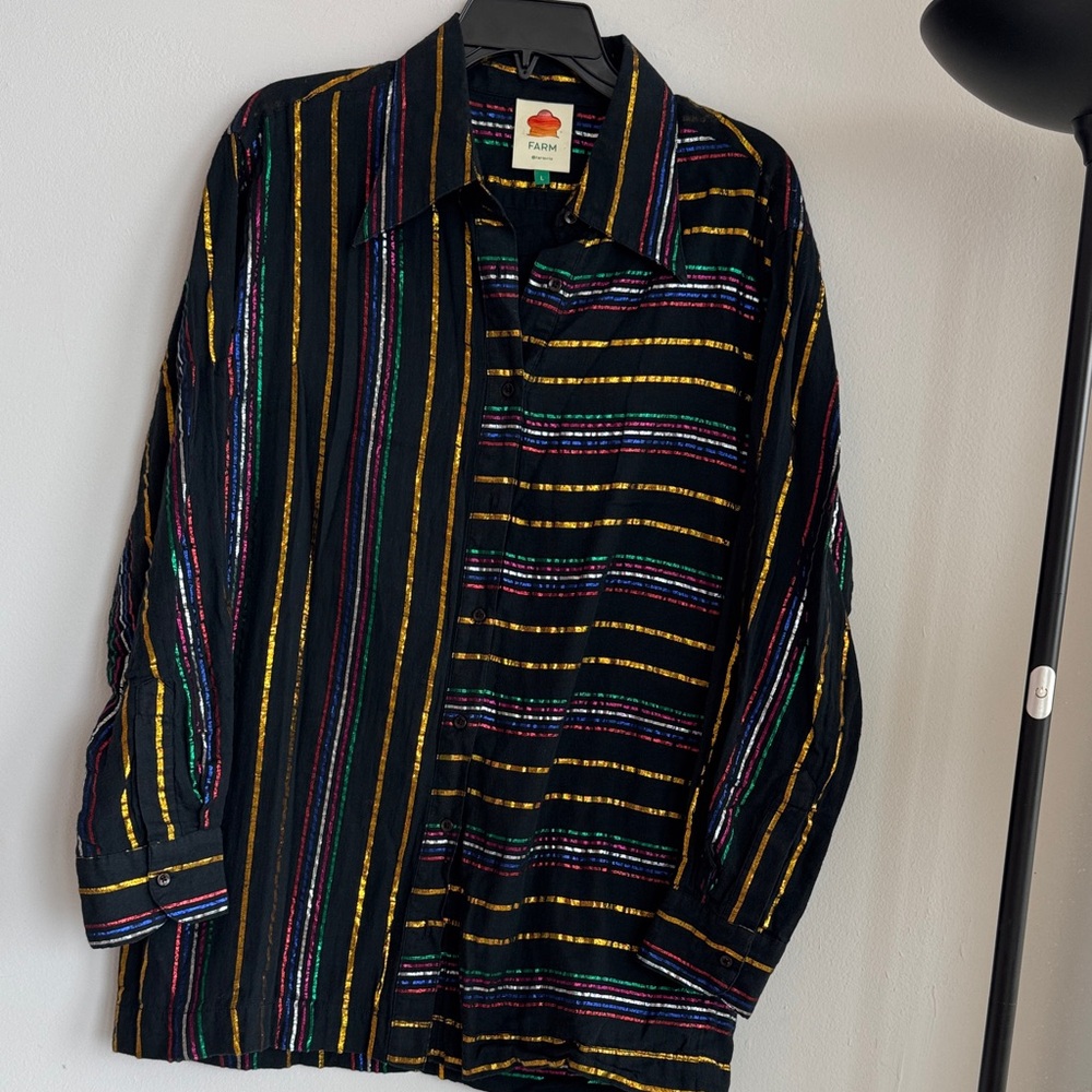 FARM RIO Metallic Stripe Ruffle Shirt In Black size L Excellent Condition